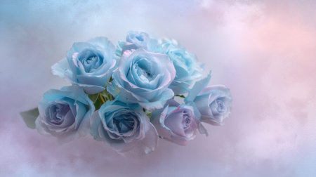 A stunning arrangement of soft blue roses creating an elegant display. Ideal for romantic themes, floral decor, or artistic projects, evoking tranquility and beauty.の素材
