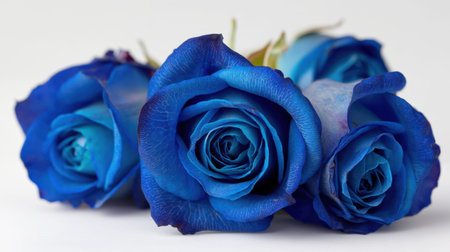 Discover the exquisite beauty of stunning blue roses arranged elegantly against a white background, perfect for floral decoration or artistic photo opportunities.の素材