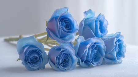A stunning collection of blue roses adorned with dew drops on a soft white surface exuding elegance. This image captures the beauty of nature in a tranquil setting.の素材