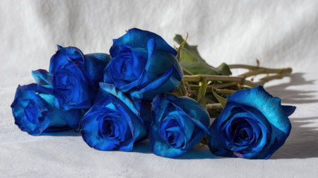 A stunning display of vibrant blue roses, elegantly arranged against a soft background, ideal for capturing the essence of beauty and romance in photography and art.の素材