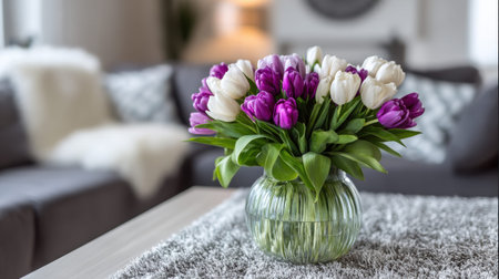 A stunning arrangement of purple and white tulips in a clear glass vase, enhancing a cozy living room atmosphere with soft textures and elegant decor.の素材