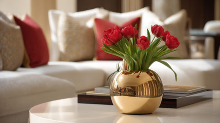 A stunning centerpiece featuring red tulips in a golden vase captures warmth and elegance in a luxurious living room setting, perfect for cozy relaxation.の素材