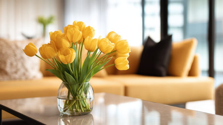 A beautiful arrangement of vibrant yellow tulips in a clear glass vase enhances a modern coffee table, creating a cheerful and inviting atmosphere in a stylish living room.の素材