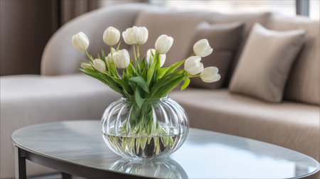 A stunning arrangement of elegant white tulips in a modern glass vase sits atop a coffee table, enhancing the charm and beauty of the stylish living room environment.の素材