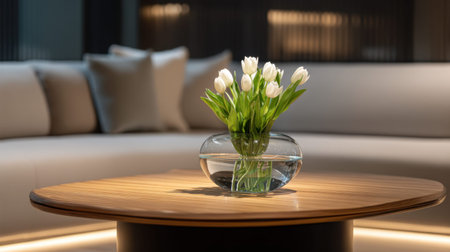 A stylish living room featuring a round wooden coffee table, a glass vase with fresh white tulips, and elegant soft cushions, creating a serene atmosphere.の素材
