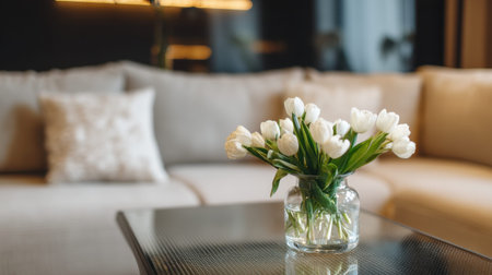 A beautiful arrangement of white tulips in a glass vase adds a touch of elegance to a modern living room, enhancing the cozy atmosphere with natural beauty.の素材