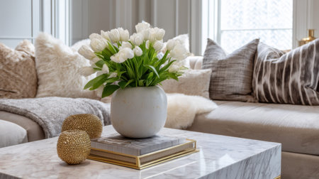 A beautifully arranged living room scene with a delightful floral centerpiece, luxurious textures, and a serene atmosphere, perfect for showcasing modern interior style.の素材