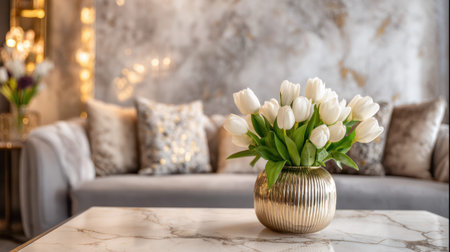 Beautiful arrangement of white tulips in a golden vase enhances the elegance of a modern living room, creating a serene and inviting atmosphere.の素材