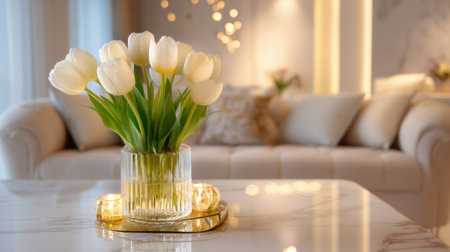 A stunning display of elegant white tulips in a crystal vase sits atop a marble table, enhancing the cozy atmosphere of a stylish living room with warm lighting.の素材