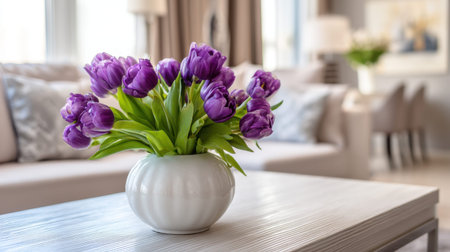 A beautiful arrangement of purple tulips in a white vase creates a bright and elegant focal point on a light wooden coffee table in a modern living room.の素材