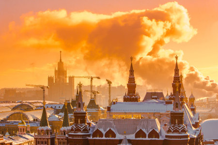 Sunrise over Red Square on a winter morning of Moscow Kremlin  Russiaのeditorial素材