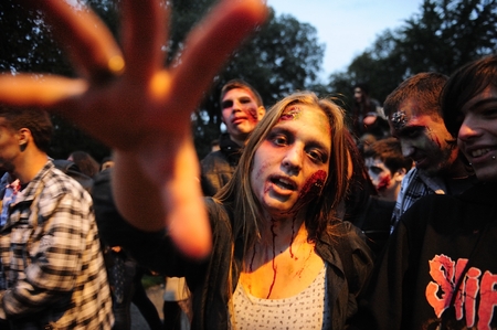 Belgrade, Serbia - October 26, 2014: People dressed as a zombie taking part in Zombie Parade on a streets of Belgrade during a zombie walk in Belgrade, The zombie walk is part of the events of upcoming Serbian film fiction festivalのeditorial素材