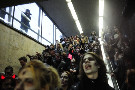 Belgrade, Serbia - October 26, 2014: People dressed as a zombie taking part in Zombie Parade on a streets of Belgrade during a zombie walk in Belgrade, The zombie walk is part of the events of upcoming Serbian film fiction festivalのeditorial素材