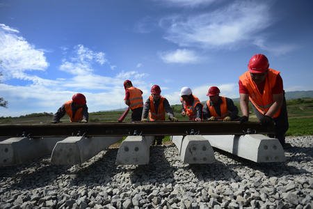 VRANJE, SERBIA - APRIL 22: Work on the reconstruction and modernization of several sections of railway Corridor 10, total length of 46 kilometers near Vranje, Serbia on April 22, 2016のeditorial素材