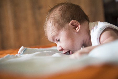 Newborn lying on stomach trying to hold her head