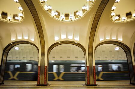 MOSCOW, RUSSIA - MARCH 23, 2014: Interior of the metro station Mayakovskaya in Moscow, Russia. Metro...