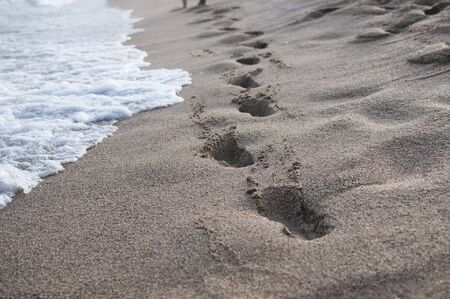 Human footprints in the sand on a coastlineの写真素材