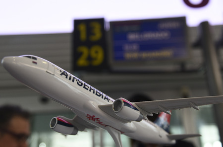 VENICE, ITALY - 01 JUNE 2017: Small model of airplane of Serbian avia company AirSerbia standing at...