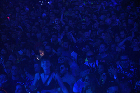 Novi Sad, Serbia - 04 July 2019: Visitors at Dance Arena during Exit festival. The 19th Exit festival with the theme of Tribe started at Petrovaradin fortress on 4th of July, 2019.のeditorial素材