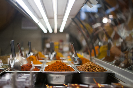 BARCELONA, SPAIN - SEPTEMBER 5, 2014: Selling spices at the Boqueria market in Barcelona, Spainのeditorial素材
