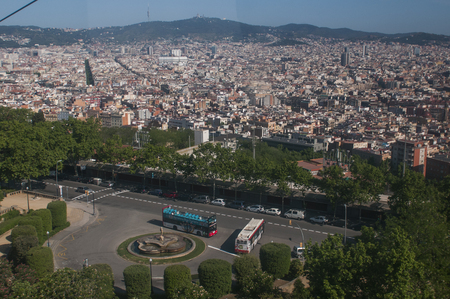 BARCELONA, SPAIN - 9 MAY 2019: Aerial view of Barcelona from the cableway to the Montjuic hill with the Barceloneta beach and Port Vell. Catalonia, Spain, Europeのeditorial素材