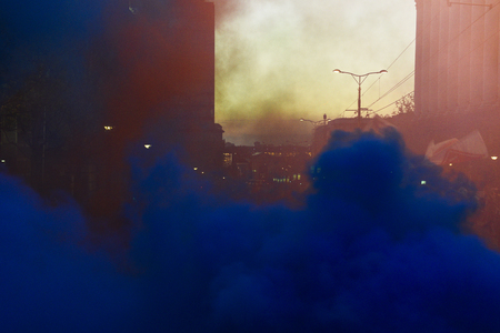 BELGRADE, SERBIA - 25 APRIL 2017: Demonstrators throw colored smoke during anti government protest ofter Aleksandar Vucic elected as a president of Serbia, in Belgradeのeditorial素材
