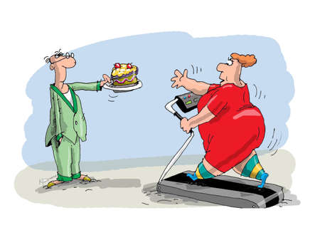 Woman wants to lose weight is on simulators, the running track. The husband reaches her cake. It...