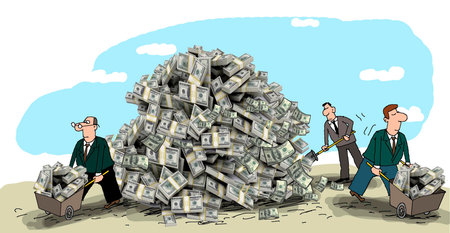 On the ground lies a mountain of money, business making money, carry their cartsの写真素材
