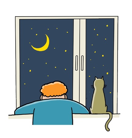 A man sits by the window, pondered, outside the window the night, the moon, on the window sits a catの写真素材