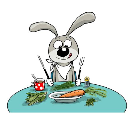 The cheerful hare sits at a table, eatsの写真素材