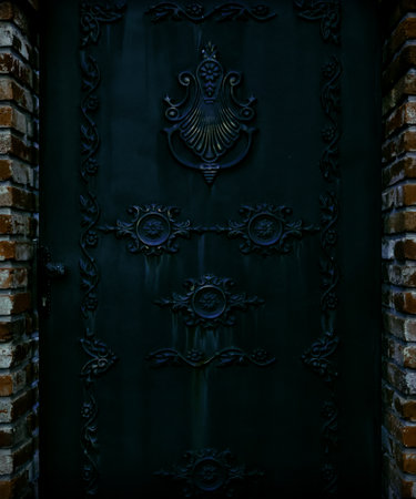 Close-up of a dramatic dark iron gate or door with rich vintage ornamental details. The metal is flanked by a weathered red brick wall. The dark, mysterious atmosphere is perfect for themes of history, secrecy, gothic style. Vertical shot.の写真素材