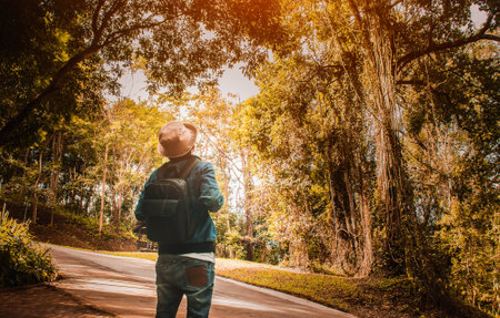 Happy man traveler standing in forest and feel relaxing at sunset time,travel conceptの写真素材
