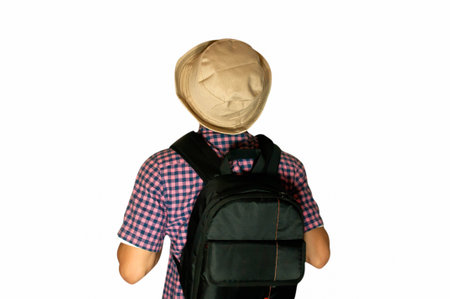 Back view of traveler man,Asian,isolate on white backgroundの写真素材