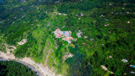 Tibetian small village on a mountain in India from dron. Himalaya view.の写真素材