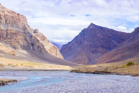 Mountain blue river dried up in the fall. Environment concept.の写真素材