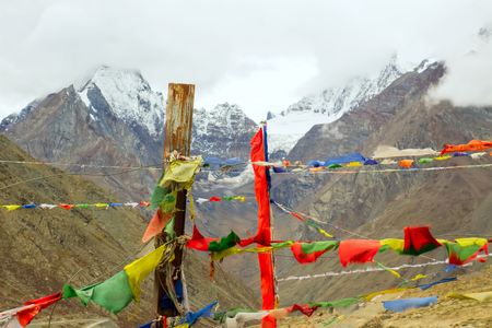 Tibetan flags with mantras develop in the wind in Himalayas. Scare away evil spirits.の写真素材