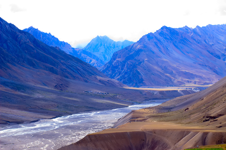 Mountains of giants in the Himalayas and almost dried river between them