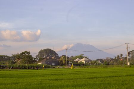 Beautiful view of Agung volcano from rice fields in the sunset light