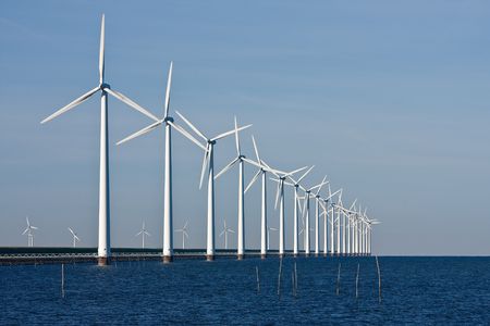 Windmills along the dike in the Netherlands