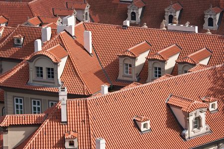 Facing at the red roofs of Prague, Czech Republicの写真素材