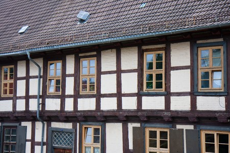 Facade of old historic town Quedlinburg in Germanyの写真素材