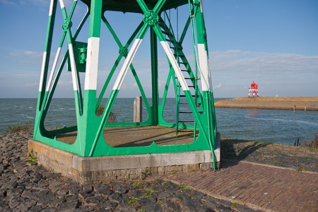 Lighthouses at the entrance of the harbor of Stavoren, the Netherlandsの写真素材