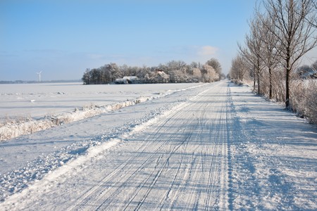 Endless snowy farmland in the Netherlandsの写真素材
