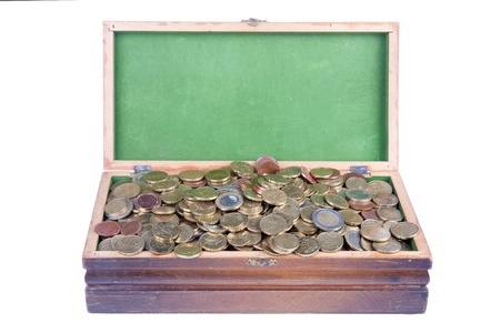Money chest with lots of european coinsの写真素材
