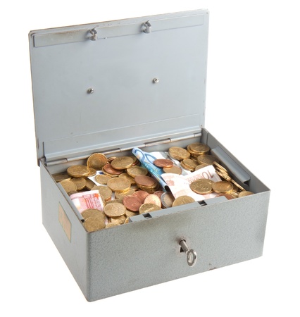 Money chest of steel isolated on whiteの写真素材