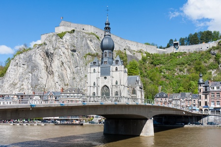 Cityscape of Dinant at the river Meuse, Belgiumの写真素材