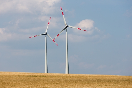 Two big wind turbines in the farmland of Germanyの写真素材