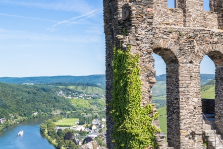 Ruins of Grevenburg castle above Traben-Trarbach, German Mosel valleyの写真素材