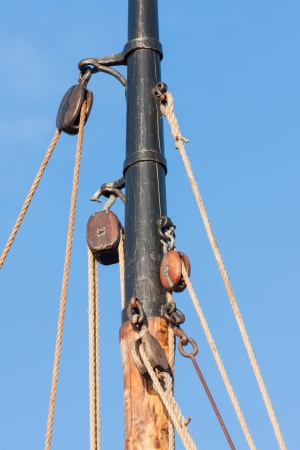Mast and rigging from old wooden sailing shipの写真素材