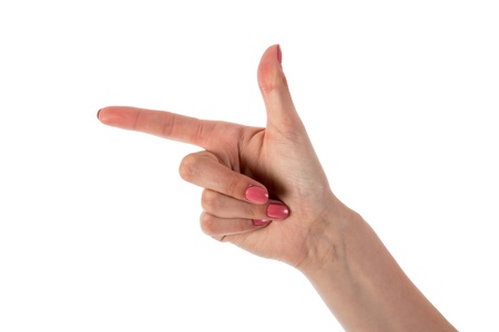 Female hand showing two fingers isolated on white backgroundの写真素材